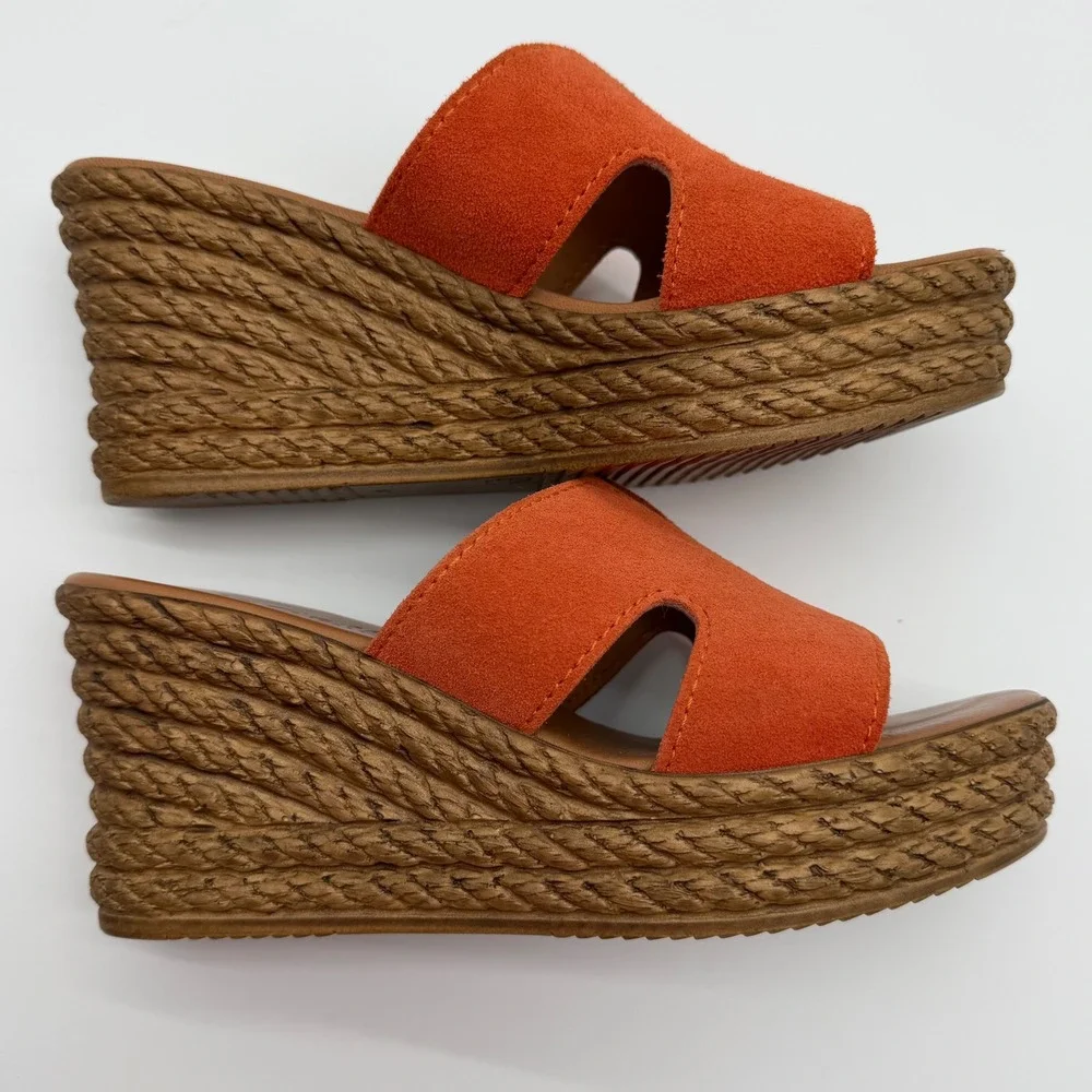 Mariella‎ Italy Orange Suede H-Cutout Rope Platform Wedge Sandals Womens 38